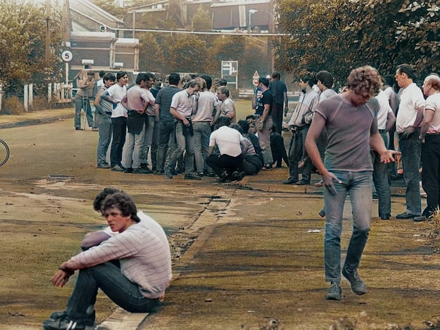Striking miners gather outside a Doncaster pit during the 1984-85 conflict.