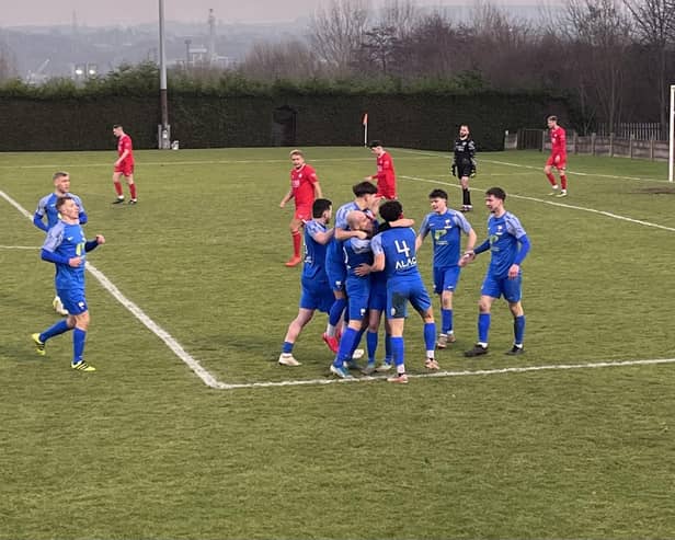 Rossington Main celebrate one of their goals in the win over Parkgate. Pic: Jack Ciullo