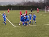 Rossington Main celebrate one of their goals in the win over Parkgate. Pic: Jack Ciullo