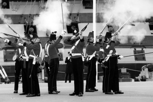The Fort Cumberland Guard perform their last drill in front of HMS Victory on the final evening of the Dockyard 500 events in 1995. The News PP4721