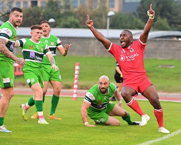 Doncaster's Watson Boas celebrates his try. Picture: Howard Roe/AHPIX.com