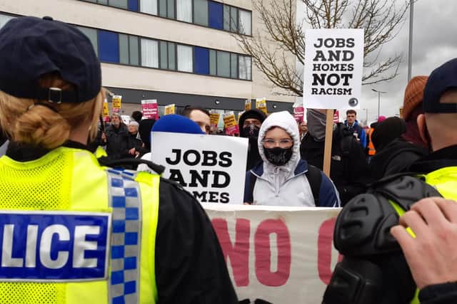 Police and protesters in Manvers, Rotherham, where anti-fascism protesters and anti-immigration demonstrators staged rival rallies on Saturday, February 18 near a hotel housing asylum seekers