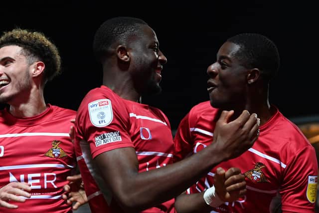 Joseph Olowu celebrates his goal against Accrington with Mipo Odubeko. Picture: Howard Roe/AHPIX LTD