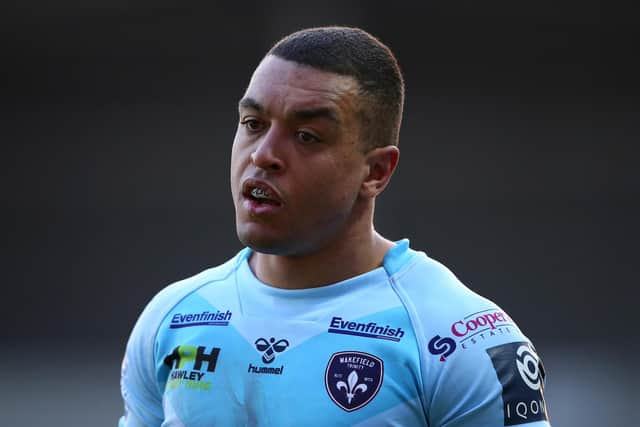 ST HELENS, ENGLAND - APRIL 01:  Reece Lyne of Wakefield Trinity looks on during the Betfred Super League match between Wigan Warriors and Wakefield Trinity at Totally Wicked Stadium on April 01, 2021 in St Helens, England. Sporting stadiums around the UK remain under strict restrictions due to the Coronavirus Pandemic as Government social distancing laws prohibit fans inside venues resulting in games being played behind closed doors. (Photo by Alex Livesey/Getty Images)