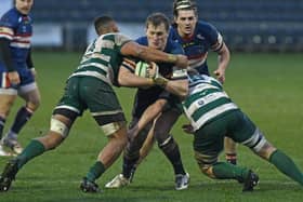 John Kelly is blocked during Doncaster Knights' win over Ealing Trailfinders earlier in the season. Picture: Andrew Roe/AHPIX LTD