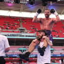 Josh Padley celebrates upset win over previously unbeaten lightweight contender Mark Chamberlain at Wembley Stadium. Picture: Mark Robinson, Matchroom Boxing