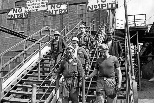 It's the end of the shift for these Hatfield Colliery miners as they are pictured leaving the pit head in May 1971