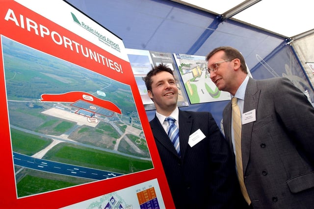 April 27 2005: Matthew Fitton (left), then Peel Holdings Property Manager, and Roger Kuhmel, then Property Manager at Robin Hood Airport, are pictured at the launch of the Airport's business park.