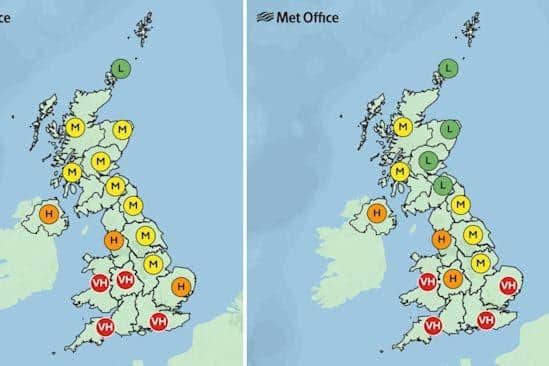 High levels of pollen expected across the UK this week from April 7 (left) to April 11 (right). Credit: Met Office