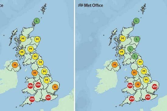 High levels of pollen expected across the UK this week from April 7 (left) to April 11 (right). Credit: Met Office