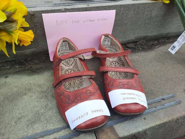 Shoes bearing the names of Sarah Everard and Amy Leanne Stringfellow were left on the steps of Doncaster Crown Court.