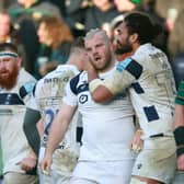 Lewis Thiede celebrates scoring a try for Bristol Bears against Northampton Saints (photo by David Rogers/Getty Images).