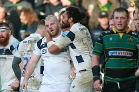 Lewis Thiede celebrates scoring a try for Bristol Bears against Northampton Saints (photo by David Rogers/Getty Images).