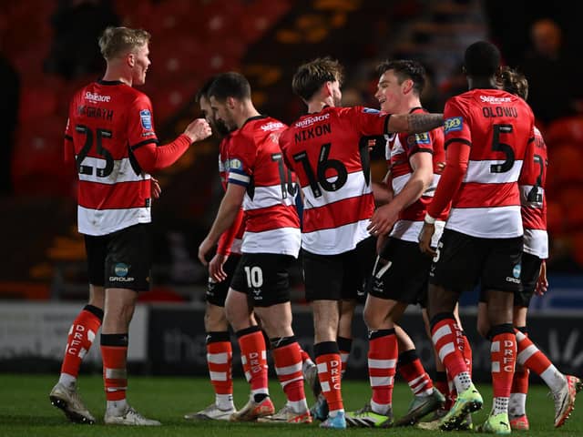 Rovers' players celebrate Owen Bailey's equaliser. Picture: Howard Roe/AHPIX.com