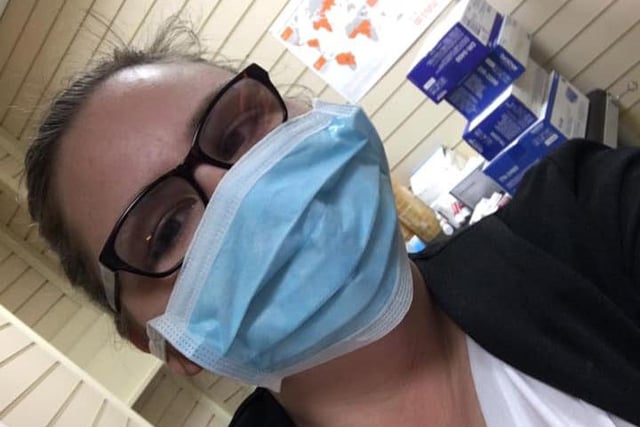 NHS hero pictures. Kimberley Taylor ready for the day at Sharps pharmacy.