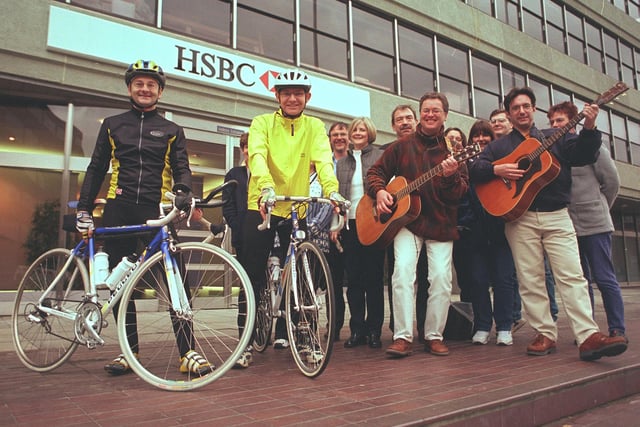 Musical send off for cyclists Ian Sadler and Patrick McGuiness who set off from Griffin House,  Silver Street  to London to raise money for  Children in Need in 1999