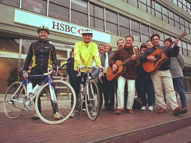 Musical send off for cyclists Ian Sadler and Patrick McGuiness who set off from Griffin House, Silver Street to London to raise money for Children in Need in 1999