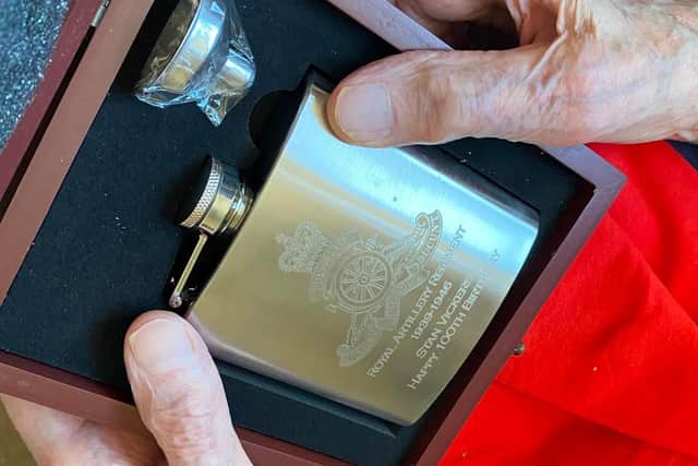 A hip flask – engraved with the regimental crest of the Royal Artillery – given to Stan Vickers on his 100th birthday by SSAFA Doncaster and Thorne