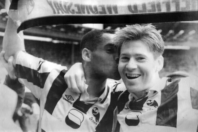 Mark Bright plants a kiss on Chris Waddle after helping their side defeat Sheffield United 2-1 in the Steel City FA Cup semi-final at Wembley in April 1993.