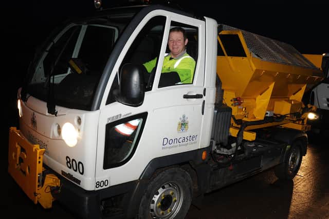 Andy Marr inside the mini gritter which grits the car parks around Doncaster. Picture: Andrew Roe