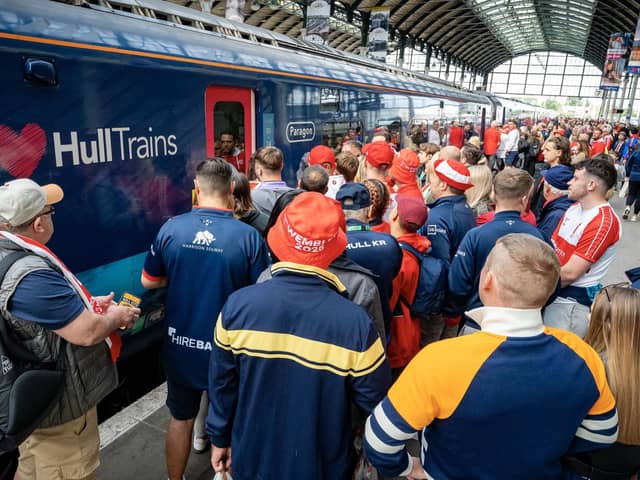 Fans getting ready to board the direct Hull Trains service to London.