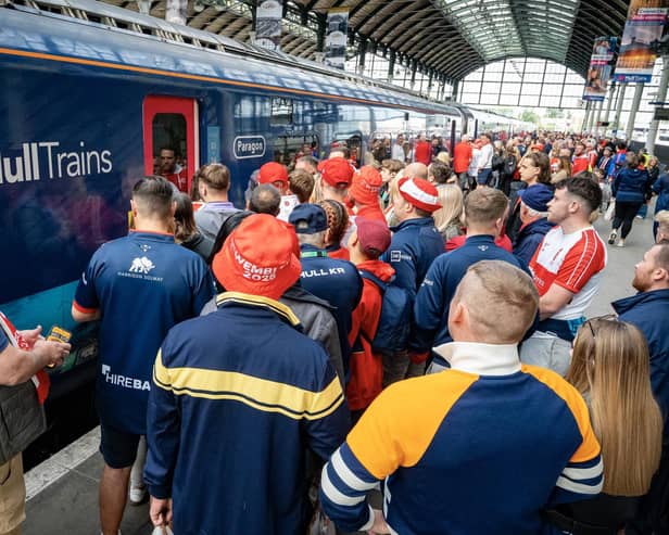 Fans getting ready to board the direct Hull Trains service to London.