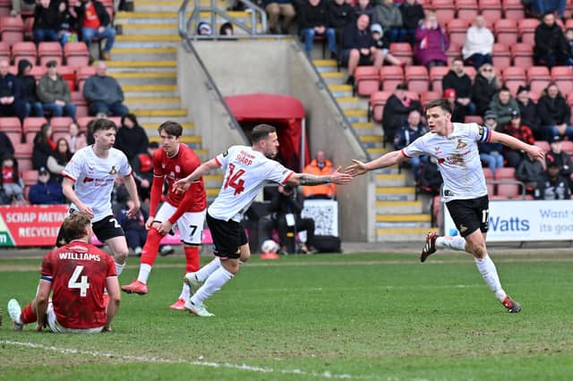 Picture Bruce Rollinson/AHPIX LTD; Football,
SkyBet League 2; Season 24/25
Crewe Alexandra v Doncaster Rovers
015/03/2025; 12.30; The Mornflake Stadium.
Owen Bailey scores Rovers equaliser.