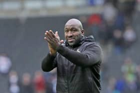 Darren Moore salutes Doncaster Rovers fans after the win at MK Dons. Picture: Shibu Preman/AHPIX LTD