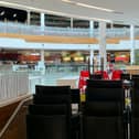 Stacked chairs at Meadowhall's Oasis Dining Quarter, which remains open for takeaways only