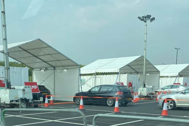 Cars queueing at the Doncaster Covid 19 testing centre