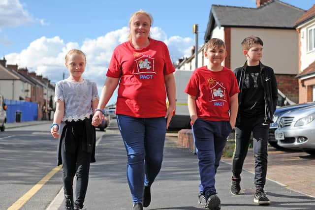 Fraizer Morris, 11, is raising money for PACT, by walking five miles a day. He is pictured here with Maci-Lea Morris, ten, Katrina Moses and Jordan Elder, 11. Picture: NDFP-18-05-21-PACT 3-NMSY