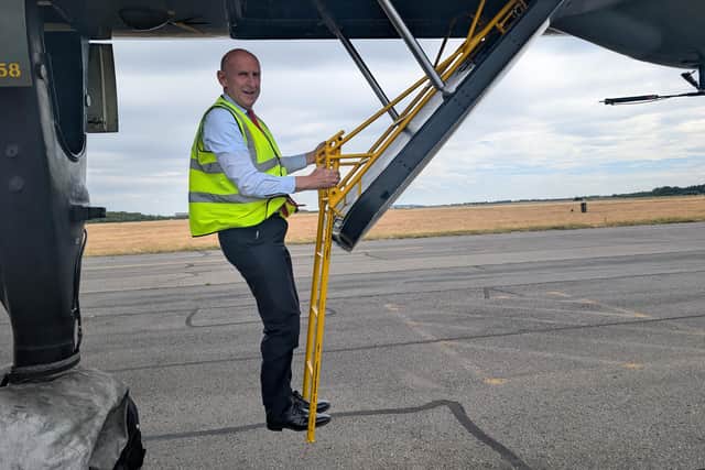 John Healey MP on the steps of the Vulcan.
