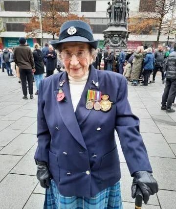 Mary Marsden, aged 101, who served at RAF Finningley, pictured on Remembrance Sunday in Sheffield.