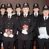 The South Yorkshire Police held its Special Constabulary annual review at the Dupont Social Club, Doncaster, on November 30, 1997. Our picture shows, from left,  District Officer, Doncaster, Philip Armstrong; PC Sam Ramsden; Special Constable Sam Coulter; Police Sgt Richard Barnes; Special Constable Andrew Kendall; Section Officer Roy Curran, who accepted an award on behalf of Denis Reed; PC David McEwan; Acting Section Officer Shane Marsh; and Section Officer Lawrence Millsom.