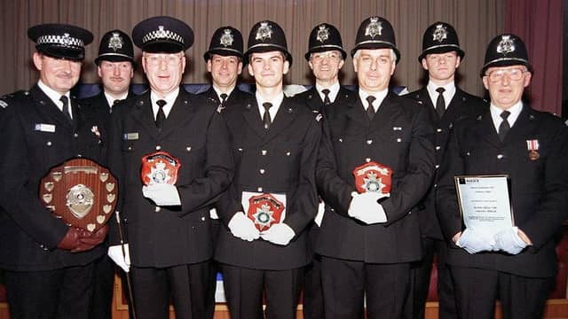 The South Yorkshire Police held its Special Constabulary annual review at the Dupont Social Club, Doncaster, on November 30, 1997. Our picture shows, from left, District Officer, Doncaster, Philip Armstrong; PC Sam Ramsden; Special Constable Sam Coulter; Police Sgt Richard Barnes; Special Constable Andrew Kendall; Section Officer Roy Curran, who accepted an award on behalf of Denis Reed; PC David McEwan; Acting Section Officer Shane Marsh; and Section Officer Lawrence Millsom.