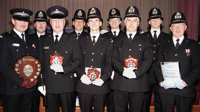 The South Yorkshire Police held its Special Constabulary annual review at the Dupont Social Club, Doncaster, on November 30, 1997. Our picture shows, from left,  District Officer, Doncaster, Philip Armstrong; PC Sam Ramsden; Special Constable Sam Coulter; Police Sgt Richard Barnes; Special Constable Andrew Kendall; Section Officer Roy Curran, who accepted an award on behalf of Denis Reed; PC David McEwan; Acting Section Officer Shane Marsh; and Section Officer Lawrence Millsom.