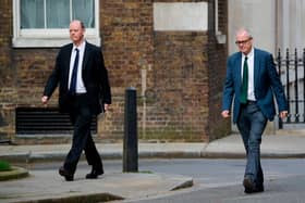 Chief Medical Officer Chris Whitty (L) with Britain's Chief Scientific Adviser Patrick Vallance (R) who will head up the Vaccine Taskforce.
(Photo by Tolga AKMEN / AFP) (Photo by TOLGA AKMEN/AFP via Getty Images)