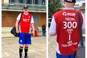 Doncaster Rovers fan Jordan Wilkinson sported a Rotherham United shirt, Sheffield Wednesday shorts, Sheffield United socks and a Barnsley baseball cap for his stag do.