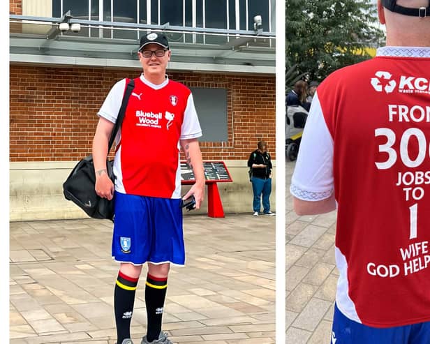 Doncaster Rovers fan Jordan Wilkinson sported a Rotherham United shirt, Sheffield Wednesday shorts, Sheffield United socks and a Barnsley baseball cap for his stag do.