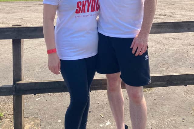 Roger Clark 39 and Bec Eager 38 of Wheatly did the Jessops Superhero Skydiveat Hibaldstow.