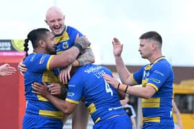 Dons celebrate Pauli Pauli's try at Dewsbury. Picture: Howard Roe/AHPIX.com