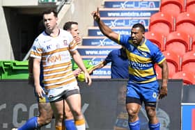 Jason Tali celebrates his try on his 150th appearance. Picture: Howard Roe/AHPIX.com