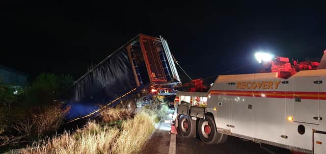 Recovery team deals with the the lorry which left the road at J6 sliproad on the M18 southbound.
