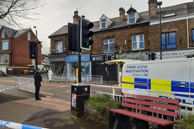 Police on Junction Road in Sharrow, Sheffield, near the Hunter's Bar roundabout, after a man was arrested on suspicion of rape and assaulting a police officer