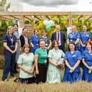 BaBi-D research team celebrate the launch of the study in the Rainbow Gardens at Doncaster Royal Infirmary, alongside are Richard Parker OBE, Chief Executive (centre back), Dr Parveen Ali, Professor of Nursing (stood at the back row, second to last on the right) and Sam Debbage, Deputy Director of Education (stood at the back row, last on the right), at Doncaster and Bassetlaw Teaching Hospitals NHS Foundation Trust.