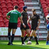 Doncaster's Watson Boas celebrates his try with his teammates. Picture: Andrew Roe/AHPIX LTD
