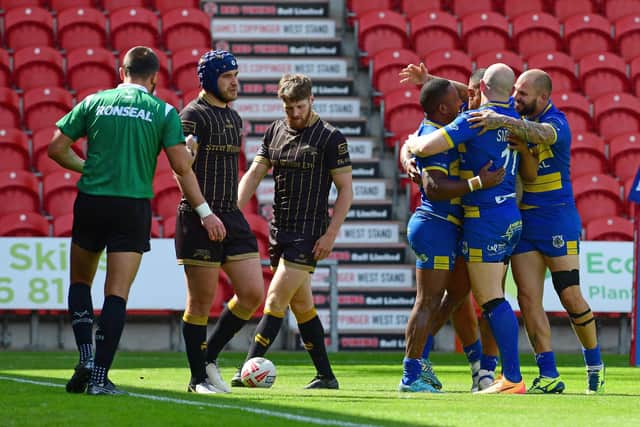 Doncaster's Watson Boas celebrates his try with his teammates. Picture: Andrew Roe/AHPIX LTD