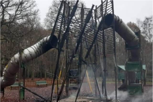 The wrecked remains of Sandall Beat Wood playground.