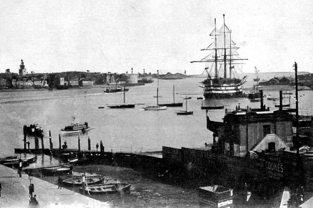 A look across Portsmouth Harbour from the Gosport side. HMS Victory still rides at anchor.