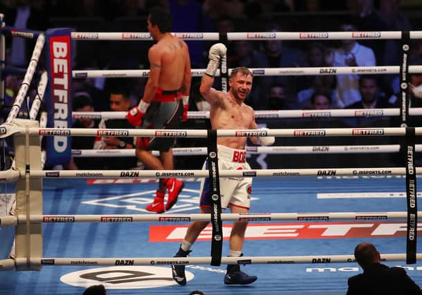 Maxi Hughes celebrates his world title victory against Jovanni Straffon. Photo: George Wood/Getty Images